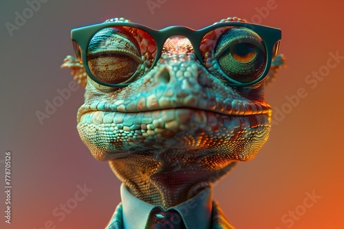 Vibrant D Rendered Lizard Wearing Sunglasses and Suit with Tie on Colorful Background