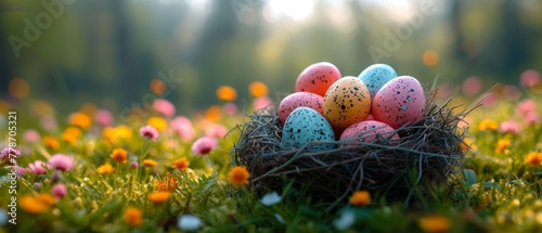 a basket filled with eggs sitting on top of a lush green field filled with lots of pink and yellow flowers.