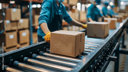 Warehouse worker in motion at conveyor belt, processing a parcel for shipping in a distribution center