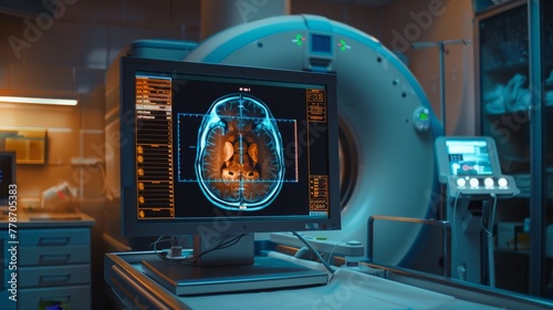 PET CT scan of human brain on screen of diagnosis machine #778705383