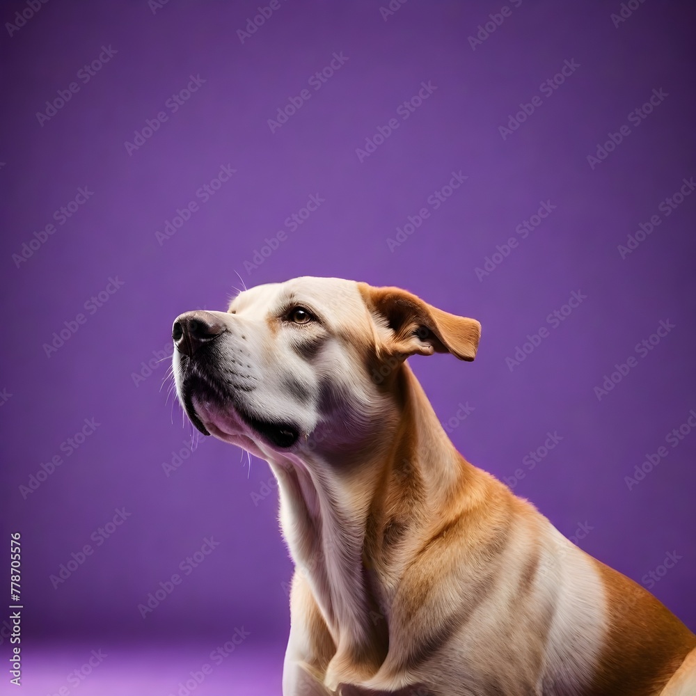 Studio portrait of an Americaniszambo dog looking up, purple background, side view, Award winning photography, professional color grading and soft shadows