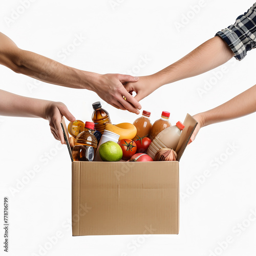 a box of food is passed from hand to hand to volunteers on a white background, helping the victims.