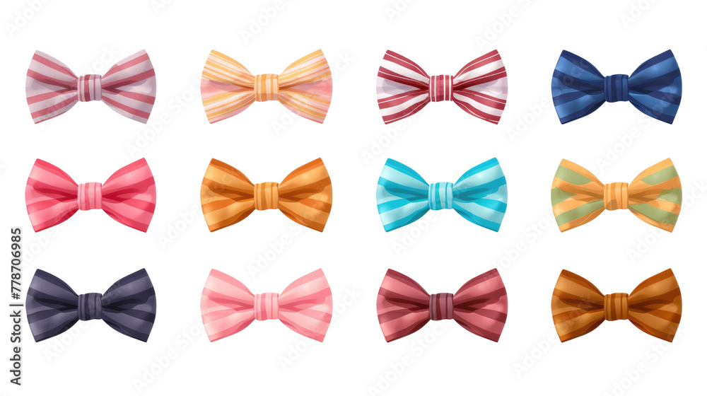 Bow ties bow ties of stripe pattern. Many assorted different range of colours isolated on transparent background