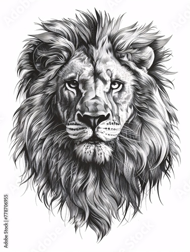 A hand-drawn engraving-style sketch of a lion s head  depicting a wild animal.