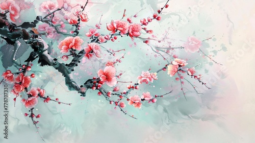 Asian-inspired artwork of blooming plum trees during the spring season.