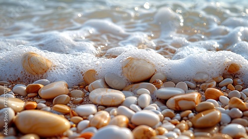 Rocks tumbling on sandy shore, crashing against ocean waves.