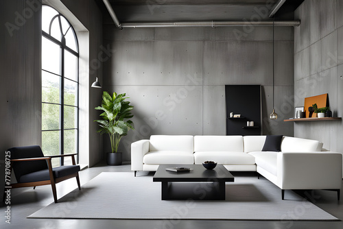 Loft interior design of modern living room, home. Studio apartment with white sofa against concrete wall © Zoe