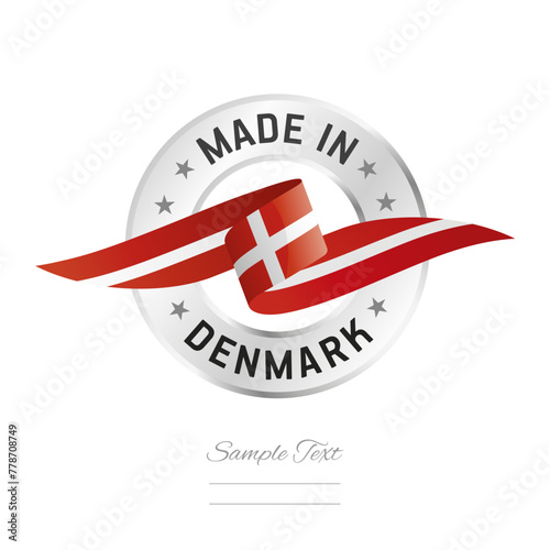 Made in Denmark. Denmark flag ribbon with circle silver ring seal stamp icon. Denmark sign label vector isolated on white background