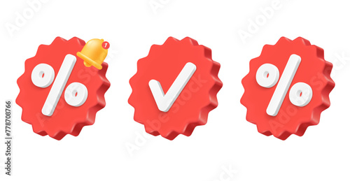 Set of round 3D tags with percentages and check marks. Red special offer labels, banners, big sale badges.