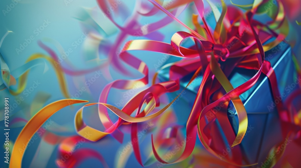 Abstract illustration of a wrapped gift with ribbons swirling and dancing in a whimsical manner, perfect for promoting festive occasions. 