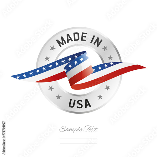 Made in USA. USA flag ribbon with circle silver ring seal stamp icon. USA sign label vector isolated on white background © simbos