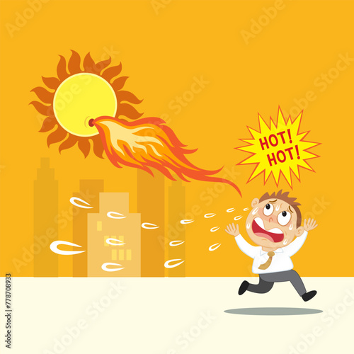 Hand drawn man run away from extreme heat on a hot day. Angry sun Stock, Unhealthy heat, Heat Wave concept. Flat, Poster, Vector, Illustration, Cartoon, EPS10.   