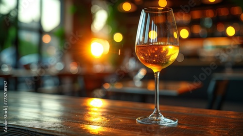 a glass of wine sitting on top of a wooden table in front of a blurry background of a restaurant.