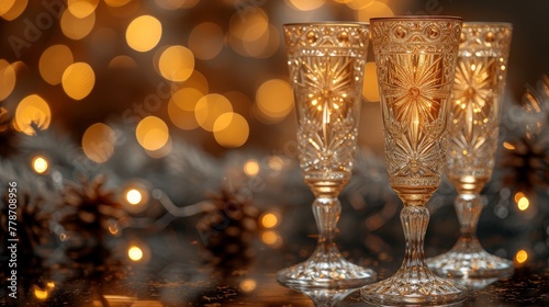 two gold goblets sitting next to each other in front of a christmas tree with lights in the background.