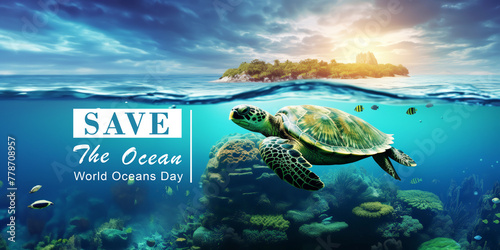 A Hawksbill sea turtle swim in blue lagoon Ocean, a turtle day, world ocean day, save the ocean