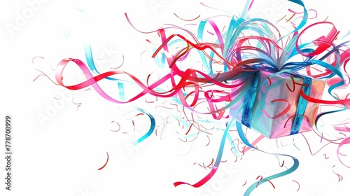 Abstract illustration of a wrapped gift with ribbons swirling and dancing in a whimsical manner, on the white, background , perfect for promoting festive occasions. 