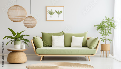 Stylish living room interior with green sofa plants and wicker lamps