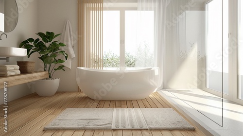 Bright  minimal bathroom  cozy rugs on the floor for a touch of warmth