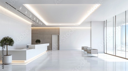 Bright, modern office lobby, reception area minimal yet welcoming, clarity in design © miss[SIRI]