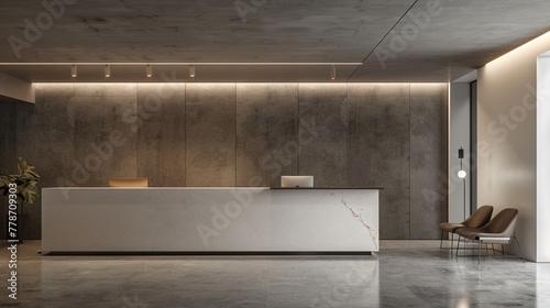 Minimal and modern office lobby, clean lines defining the reception area, simplicity shines