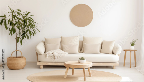 Bright living room interior with comfortable sofa stylish coffee table round rug houseplants in wicker basket and ceramic vase and trendy wall decor