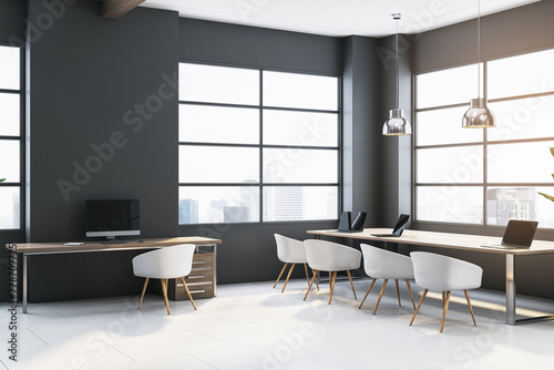 New spacious wooden and concrete coworking office interior with panoramic windows and city view, dark walls. Workplace concept. 3D Rendering.