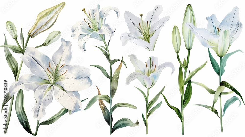 Watercolor lily clipart with elegant white petals and green stems. - obrazy, fototapety, plakaty 