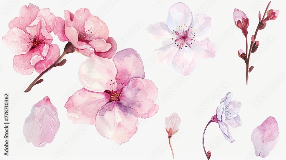 Watercolor cherry blossom clipart in soft pink and white tones.