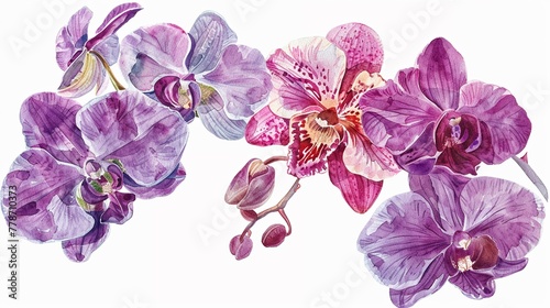 Watercolor orchid clipart featuring exotic blooms in purple and pink hues.