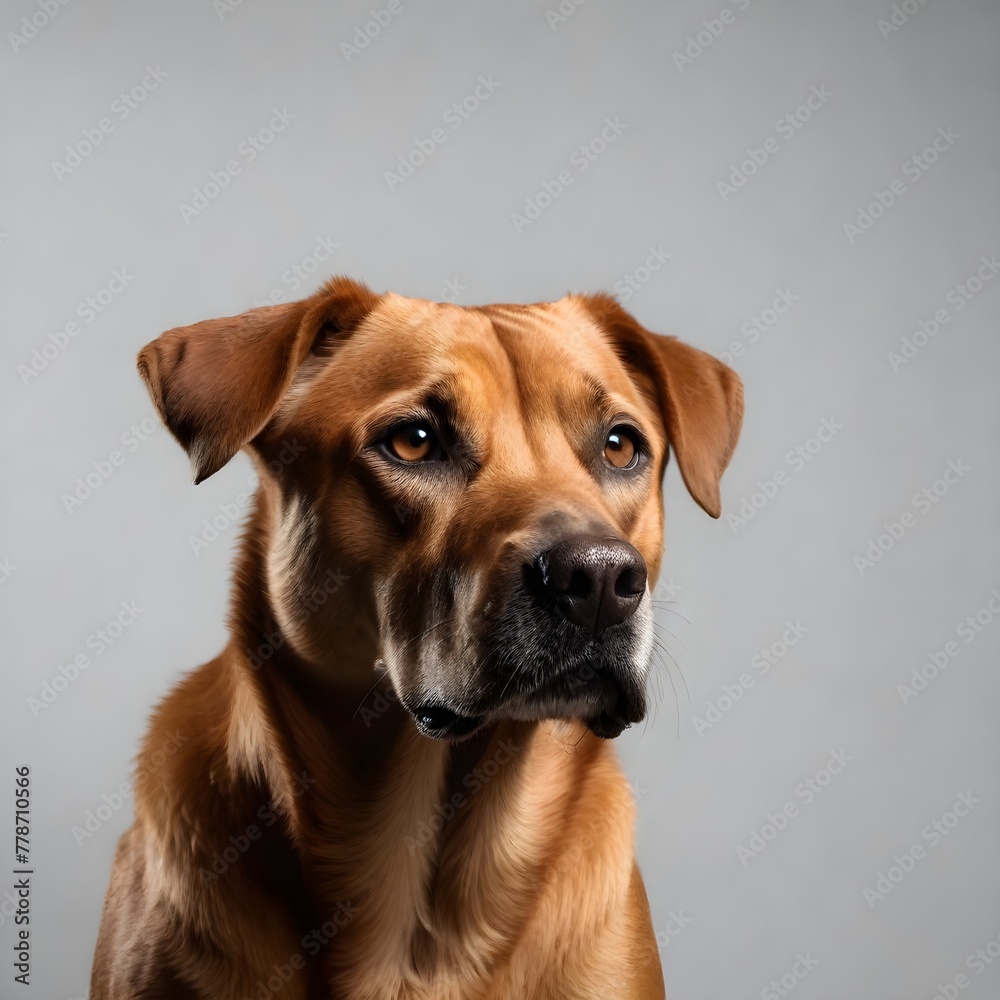 studio portrait of an american mix breed dog, looking at the camera, headshot, on grey background, professional photography, professional lighting, high quality photo