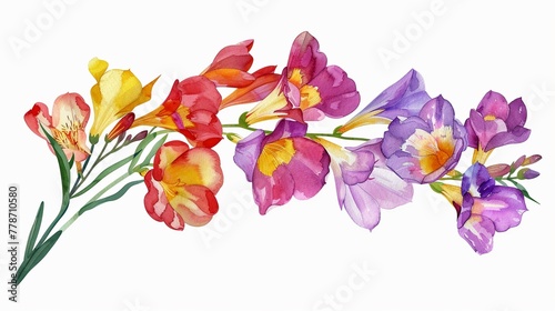 Watercolor freesia clipart with fragrant blooms in various colors.