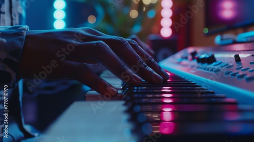 Backlit fingers glide over synthesizer keys, capturing the essence of music creation in a vibrant setting photo