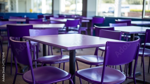Purple chairs on the tables in restaurant classroom dining View of an empty space