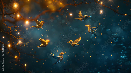 Golden Christmas ornaments depicted as blue bluebirds in the midnight sky