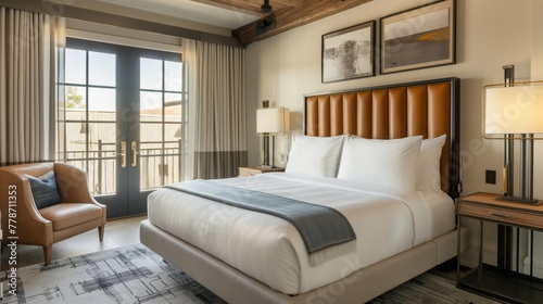 Cozy and stylish boutique hotel bedroom with modern decor and warm lighting