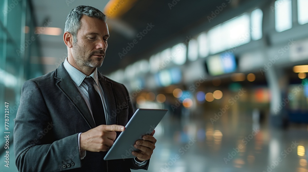 Fototapeta premium Focused businessman reviews financial reports on his tablet in a modern office setting