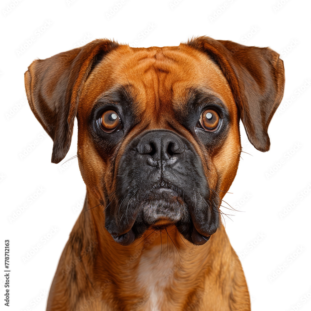 Portrait of a boxer dog face shot isolated on white background