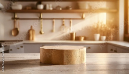 wood pedestal on table in kitchen interior for product presentation