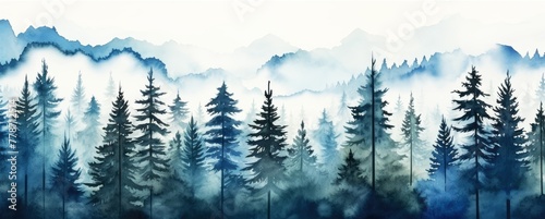 Panorama of a watercolor landscape of the Black Forest forest. Drawing. Painting.