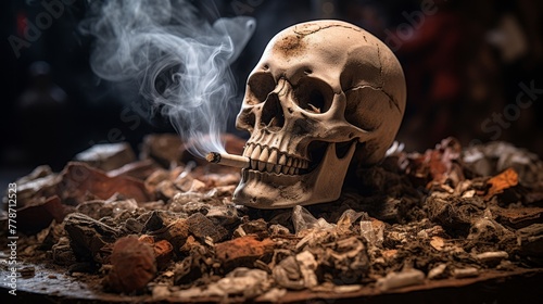 Skull symbolizes smoking dangers leading to cancer and heart disease 