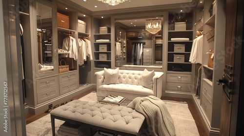 a women's walk-in closet featuring a custom-designed sitting area with plush seating and a mirrored dressing table, combining comfort and style.