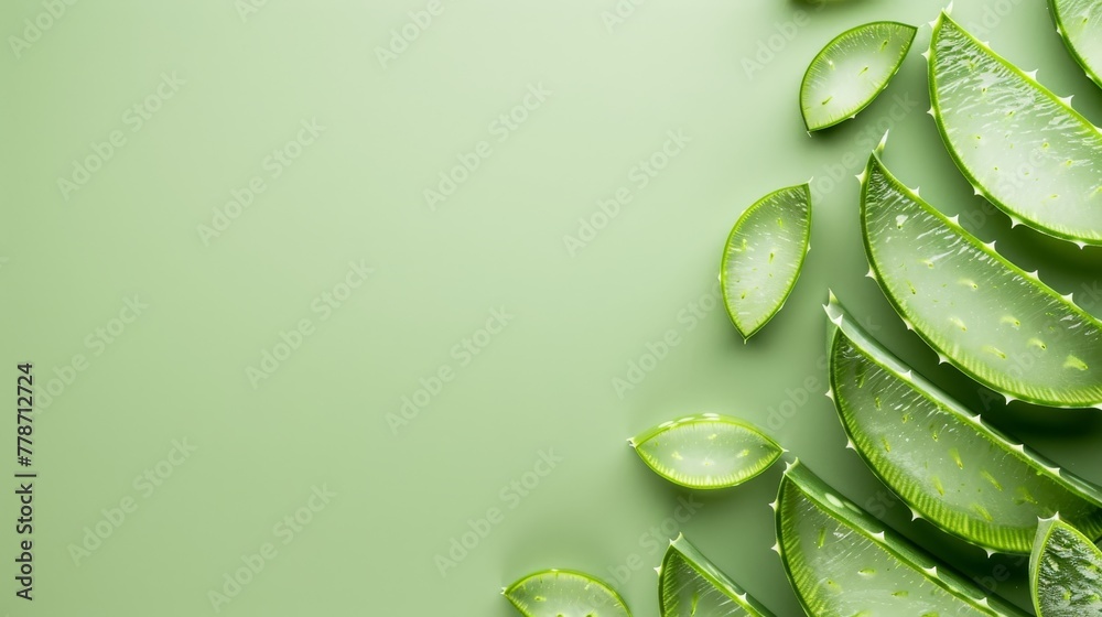 Fototapeta premium Natural organic cosmetics and herbal medicine. Slices of aloe vera on green background. 
