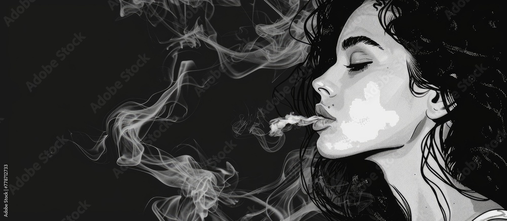 Fototapeta premium Close-up image of a lady exhaling smoke while smoking a cigarette