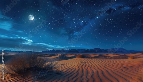 Desert Night  Capture the mysterious beauty of the desert under the moonlight  with stars twinkling overhead and shadows dancing on the sand