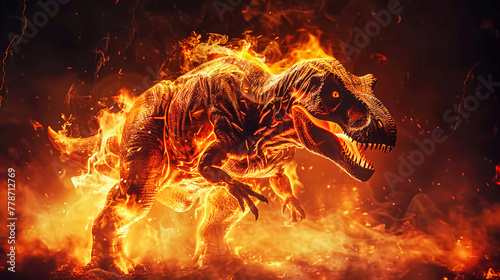 A dinosaur surrounded by flames in a fiery scene, illustrating the catastrophic event known as the Death of the Dinosaurs