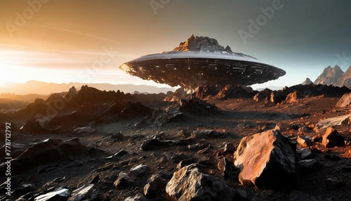 alien black sand landscape foreground giant sulphide minerals spaceship nordic rocky black rubble environment in background is sci fi futuristic spaceship