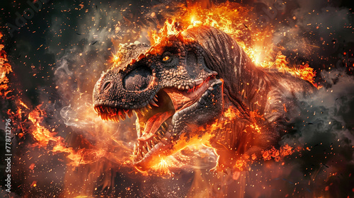 A massive dinosaur is on the move, charging through a sky engulfed in flames © Anoo