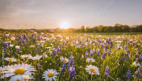 spring landscape panorama with flowering flowers on meadow white chamomile and purple bluebells blossom on field