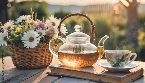 glass teapot and cup with herbal tea flowers in basket book close up on table natural abstract background beautiful rustic composition relax time useful calming tea tea party in garden