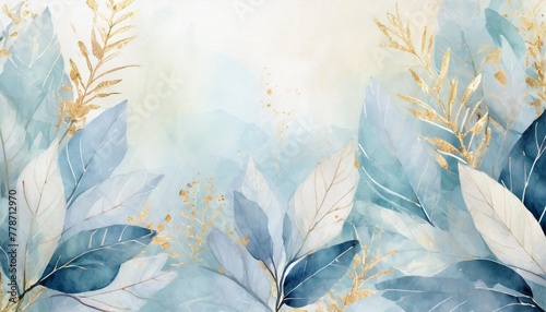 floral nature background of blue plant leaves and flower leaves on border pastel light blue and white watercolor painted leaf outlines in abstract illustration with soft texture © Paris